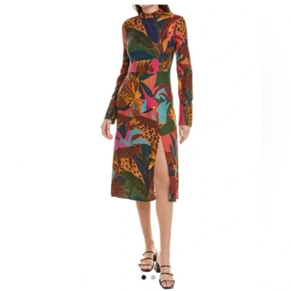 NWT FARM Rio Multicolor Leaf Print Leopard's Jungle Midi Dress Small